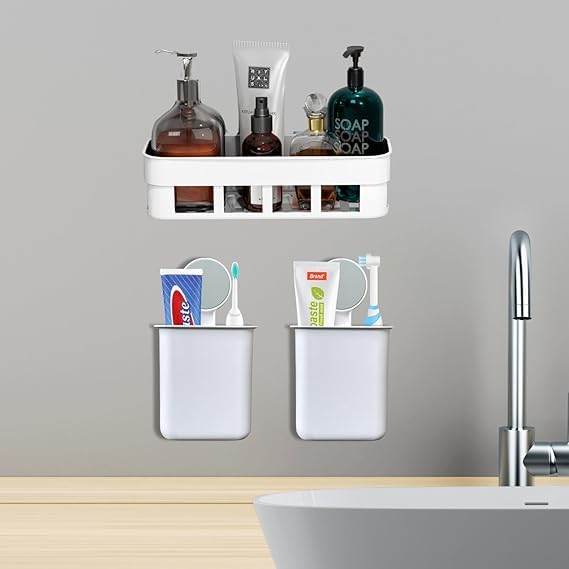 LTV Plastic Shelf Adhesive Bathroom Shelf with Wall Mounted Toothbrush Holder/Bathroom Shelf for Wall/Toothbrush Holders for Too