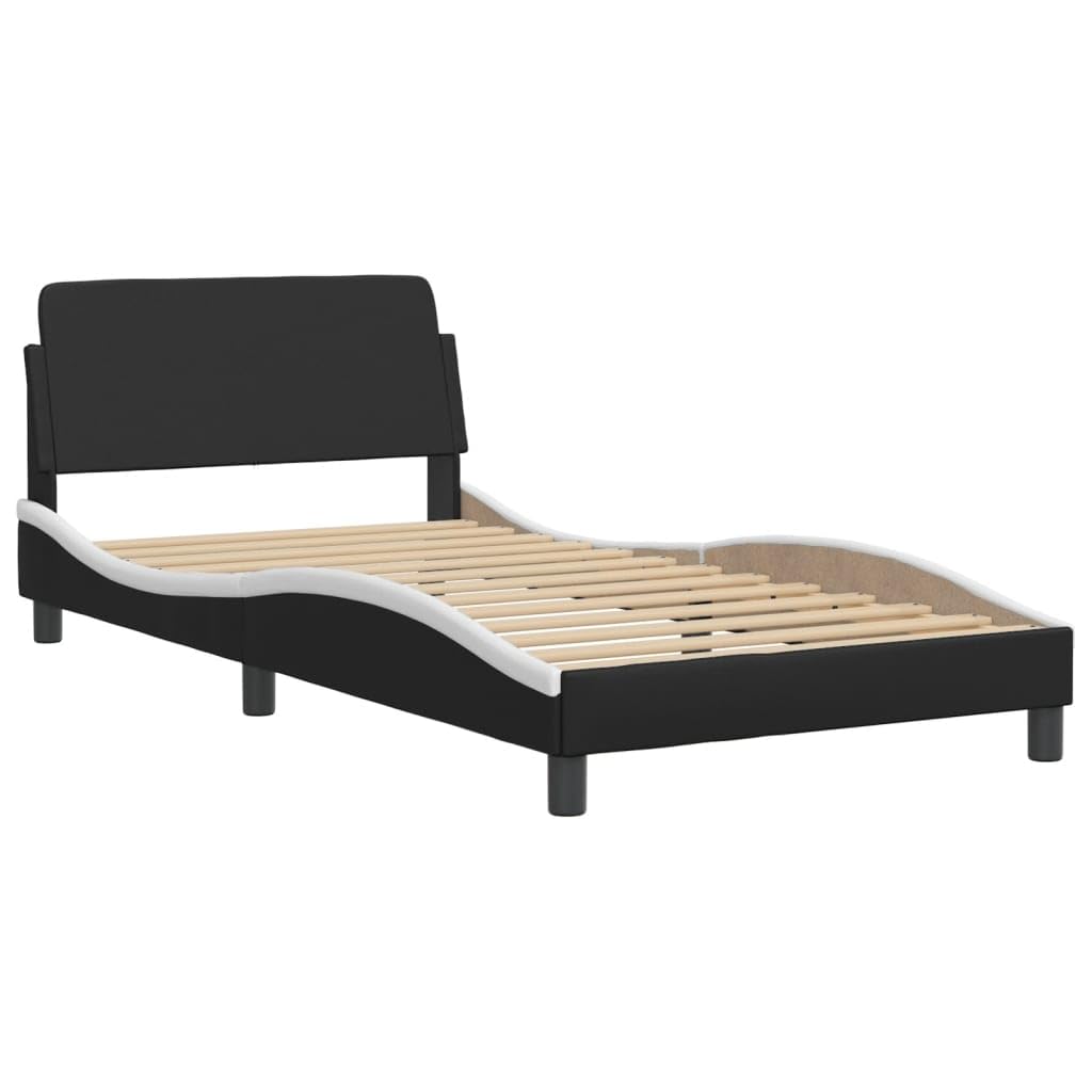 vidaXL Modern Single Bed Frame with Headboard - 39.4"x79.9" Faux Leather Black/White, Metal Support Legs, Plywood Slats