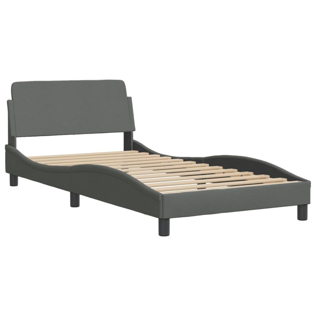 vidaXL Single Bed Frame with Headboard - Dark Gray Fabric - Elegant Wave Design with Supportive Legs & Stable Plywood Slat Base for Bedroom Furniture