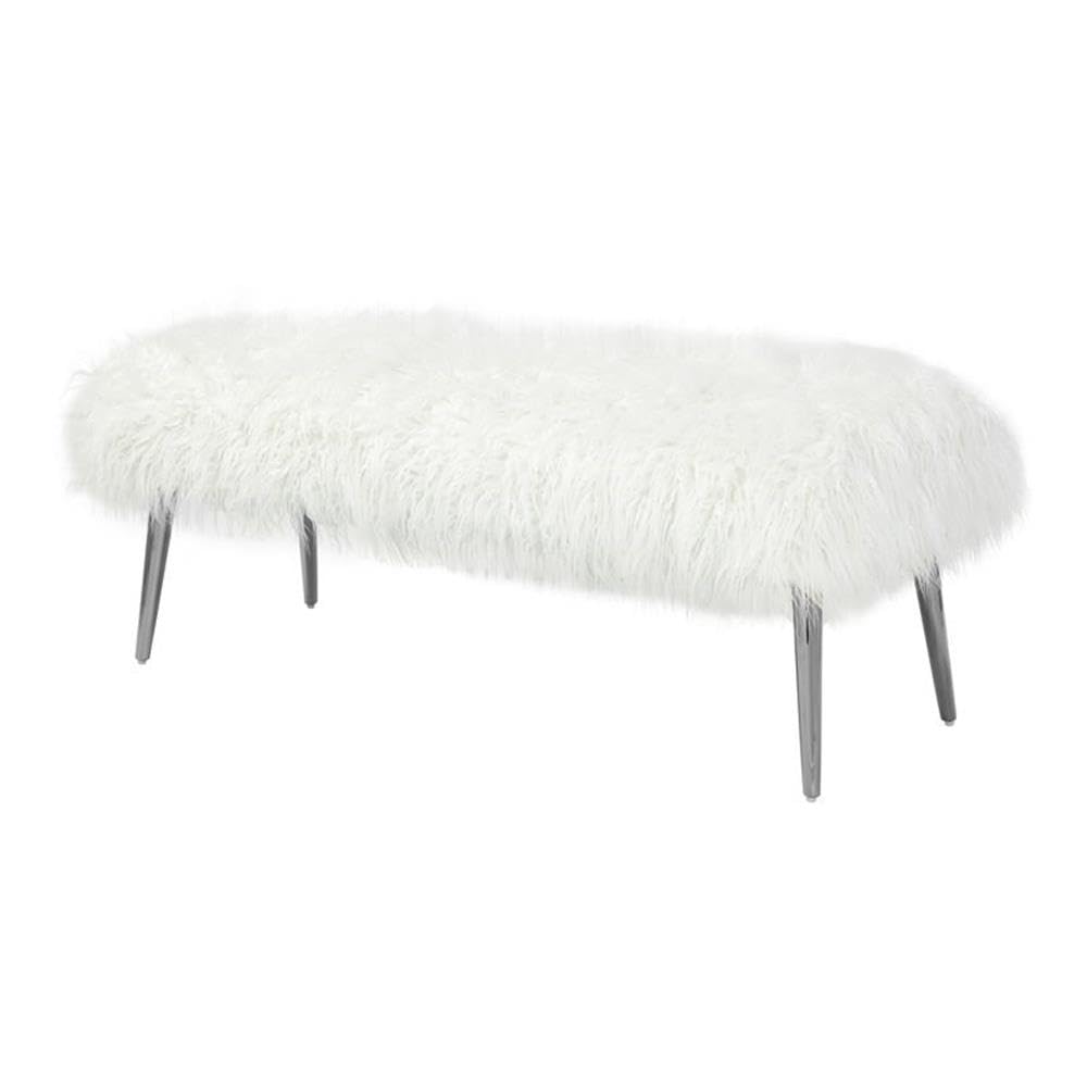Pangea Home Lammy 17" Modern Metal & Faux Fur Bench In White/Silver