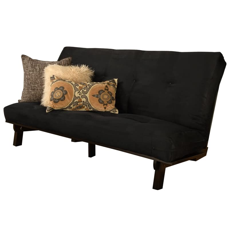 Kodiak Furniture Carson Full Size Futon Frame and Mattress Set - Java Brown Finish Wood Futon Frame with Mattress Included in Suede Black Color