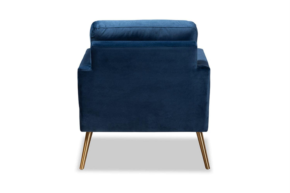 Baxton Studio Leland Glam and Luxe Navy Blue Velvet Fabric Upholstered and Gold Finished Armchair