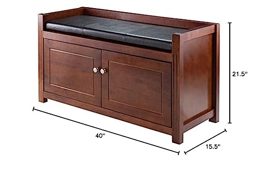 Ergode Colin Bench | Versatile & Stylish | Dark Faux Leather Cushion | 2 Corn Husk Baskets | Slated Shelf | Ample Comfort | Chocolate Brown | Sturdy Wood | (94392-VV)