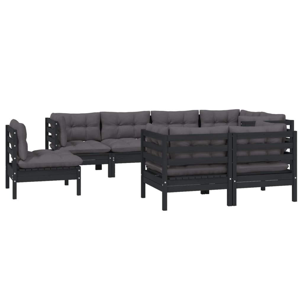vidaXL Solid Pinewood Patio Lounge Set 8 Piece with Cushions Garden Outdoor Lawn Yard Terrace Balcony Wooden Seat Seating Furniture Black