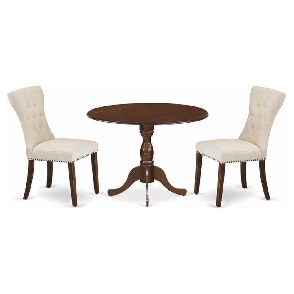 East West Furniture DMGA3-MAH-32 3 Piece Dining Set Contains a Round Dining Room Table with Dropleaf and 2 Light Beige Linen Fab