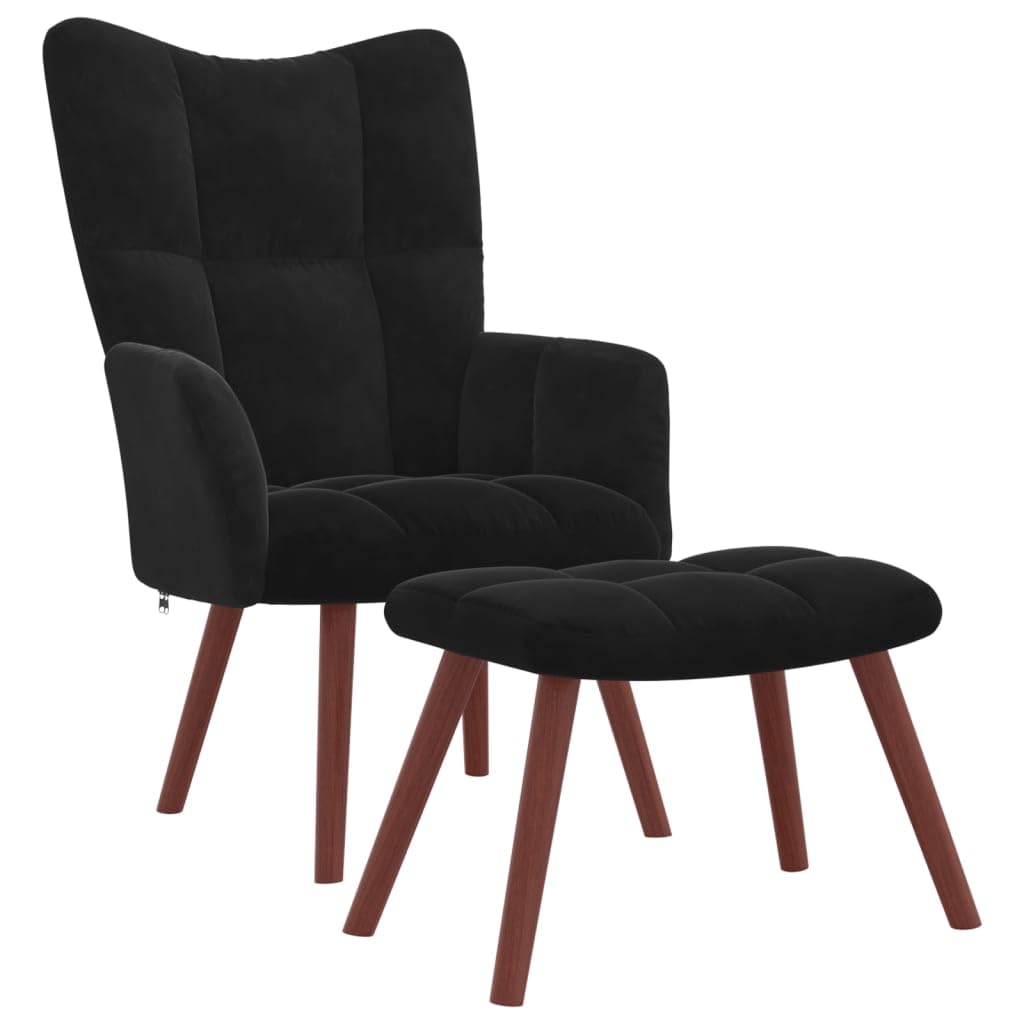 vidaXL Velvet Relaxing Chair with Stool- Black Soft Seating with Durable Steel Frame and Wooden Legs'