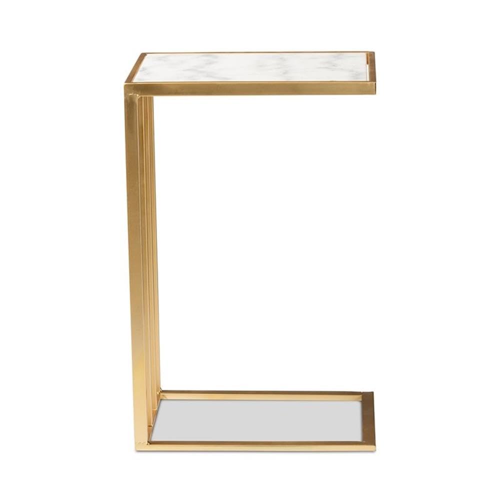 Baxton Studio Parkin Modern and Contemporary Gold Finished Metal C Shaped End Table with Marble Tabletop