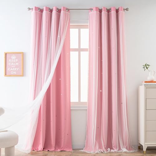Yancorp Pink Curtains For Bedroom Living Room Thermal Insulated Kids Curtain Hollow-Out Star Window Nursery Curtain 96 Inches Length Room Darkening Grommet(Pink,52 * 96),1 Panel