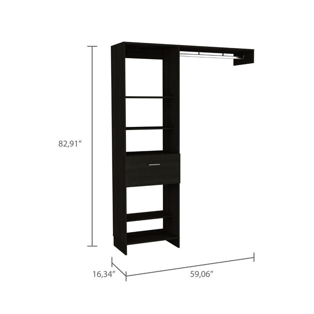 Dynamic 150 Closet System, 5 Open Shelves, 1 Drawer, 1 Metal Rod, Black