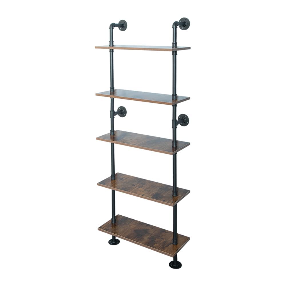 HEONITURE 5 Shelf Industrial Pipe Shelving, Black Modern Bookcase Bookshelf, Wall Mount Ladder Shelf with Metal Frame Display Se