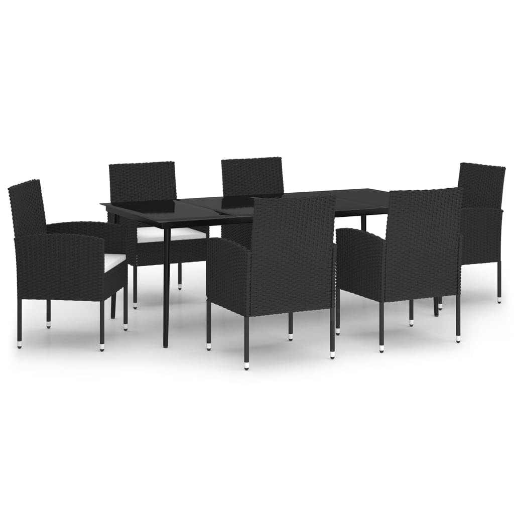 vidaXL 7-Piece Patio Dining Set - Black PE Rattan Chairs, Cream Cushions, Glass Tabletop, Outdoor/Indoor Use for Garden, Terrace, and Balcony