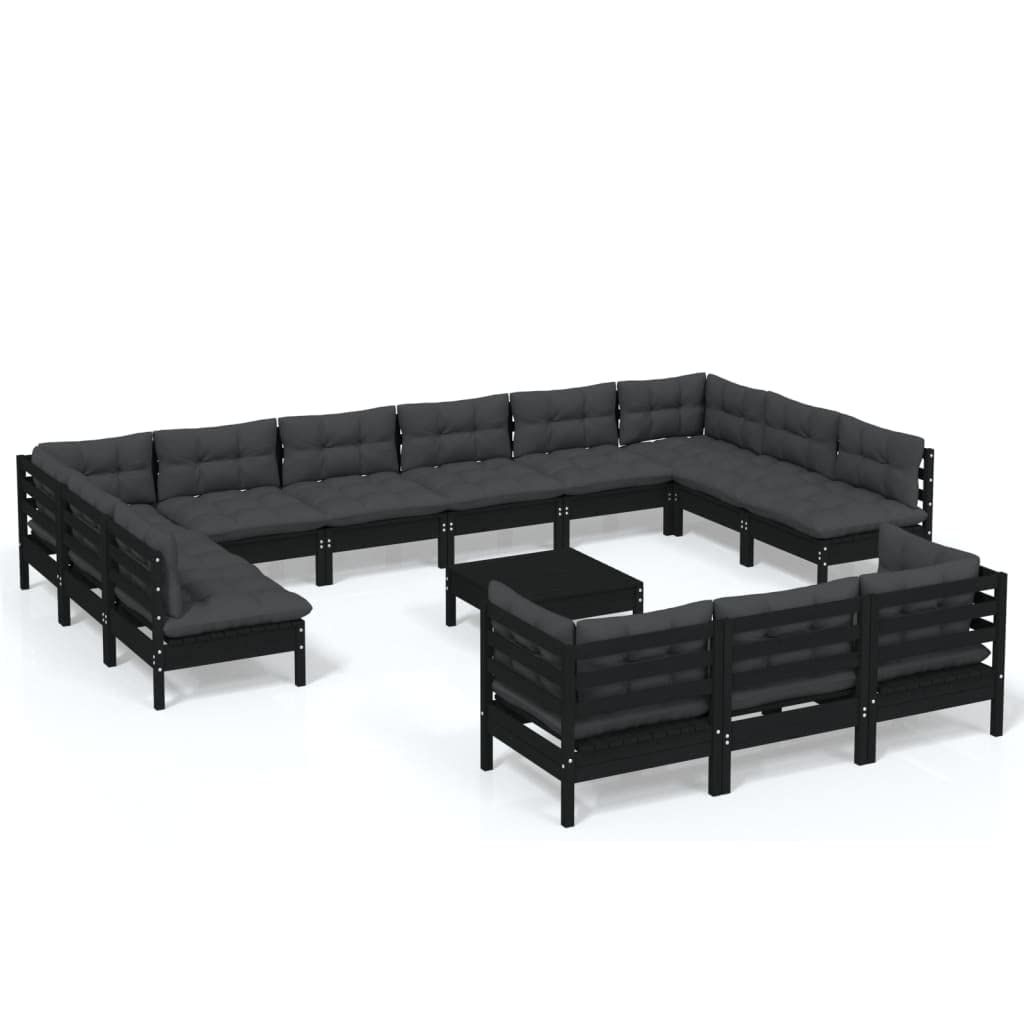 vidaXL Solid Pinewood Patio Lounge Set 14 Piece with Cushions Garden Outdoor Lawn Yard Terrace Balcony Wooden Seat Seating Furniture Black