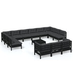 vidaXL Solid Pinewood Patio Lounge Set 14 Piece with Cushions Garden Outdoor Lawn Yard Terrace Balcony Wooden Seat Seating Furniture Black