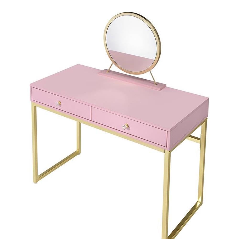 Acme Coleen 2 Wooden Drawers Vanity Desk with Jewelry Tray in Pink and Gold