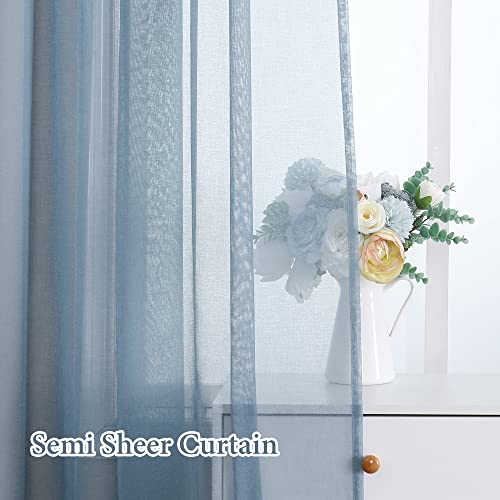 Miulee Dusty Blue Linen Textured Sheer Curtains For Bedroom Living Room Semi Transparent Farmhouse Window Curtain Panels Rod Pocket Light Blue Slate Blue 2 Panels W 54 X L 108 Inches Long