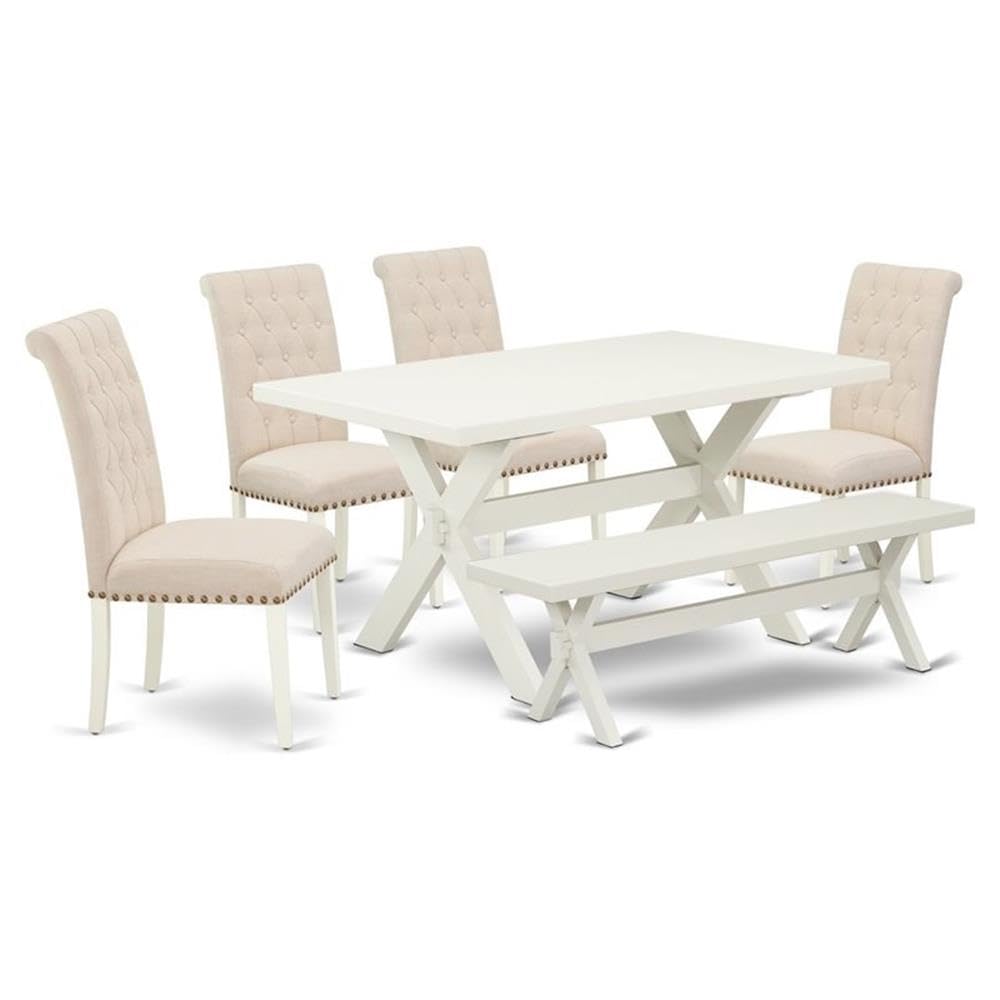East West Furniture X026BR202-6 6 Piece Kitchen Table Set Contains a Rectangle Dining Table with X-Legs and 4 Light Beige Linen 