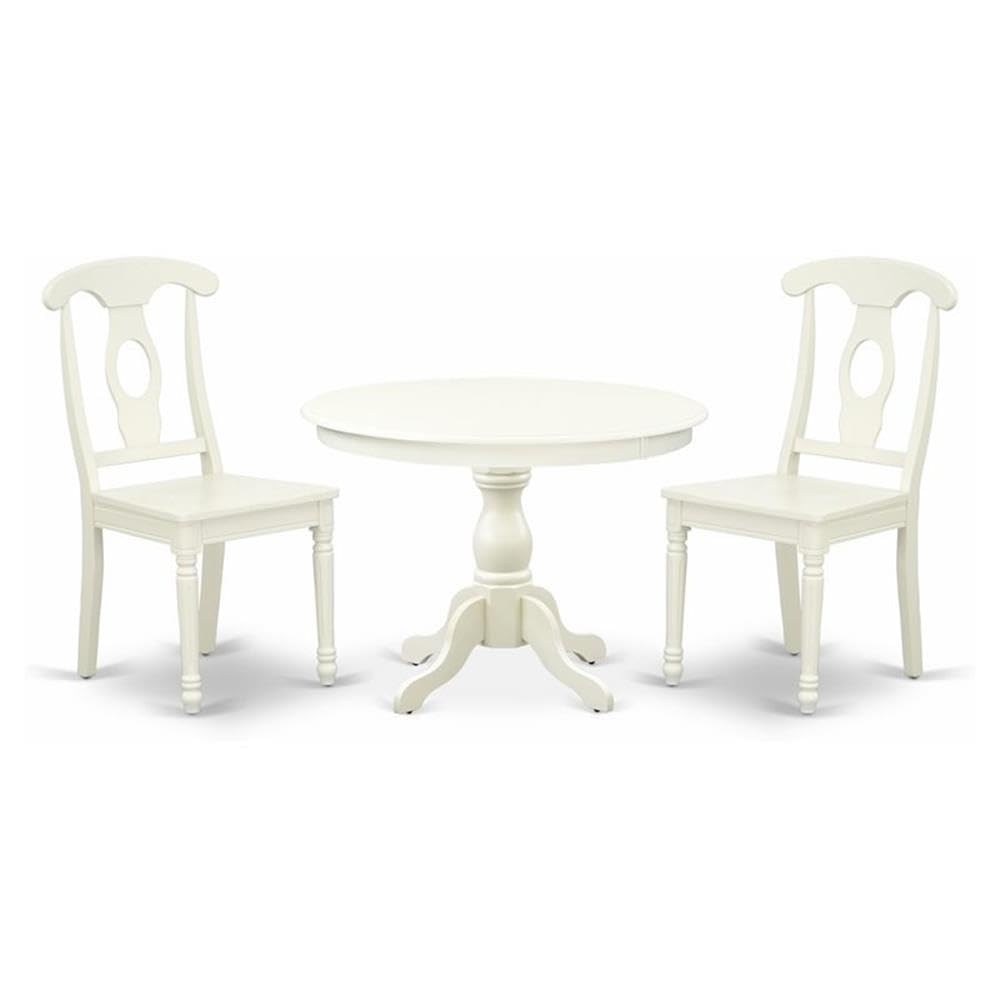 East West Furniture HBKE3-LWH-W 3 Piece Kitchen Table & Chairs Set Contains a Round Dining Table with Pedestal and 2 Dining Room