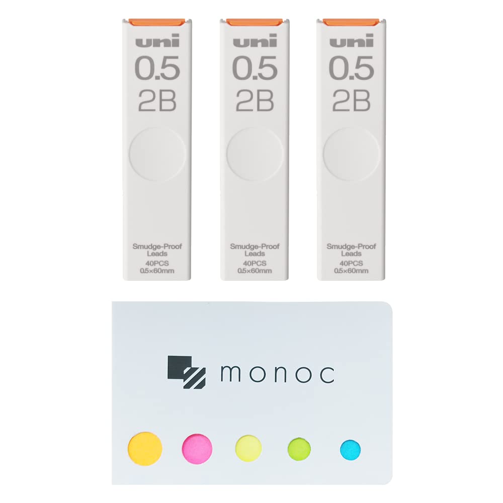 Uni Pencil Lead,'The Uni' Smudge-Proof Leads, 0.5Mm 2B, 3 Pack &'Monoc' Sticky Note(Japan Import)