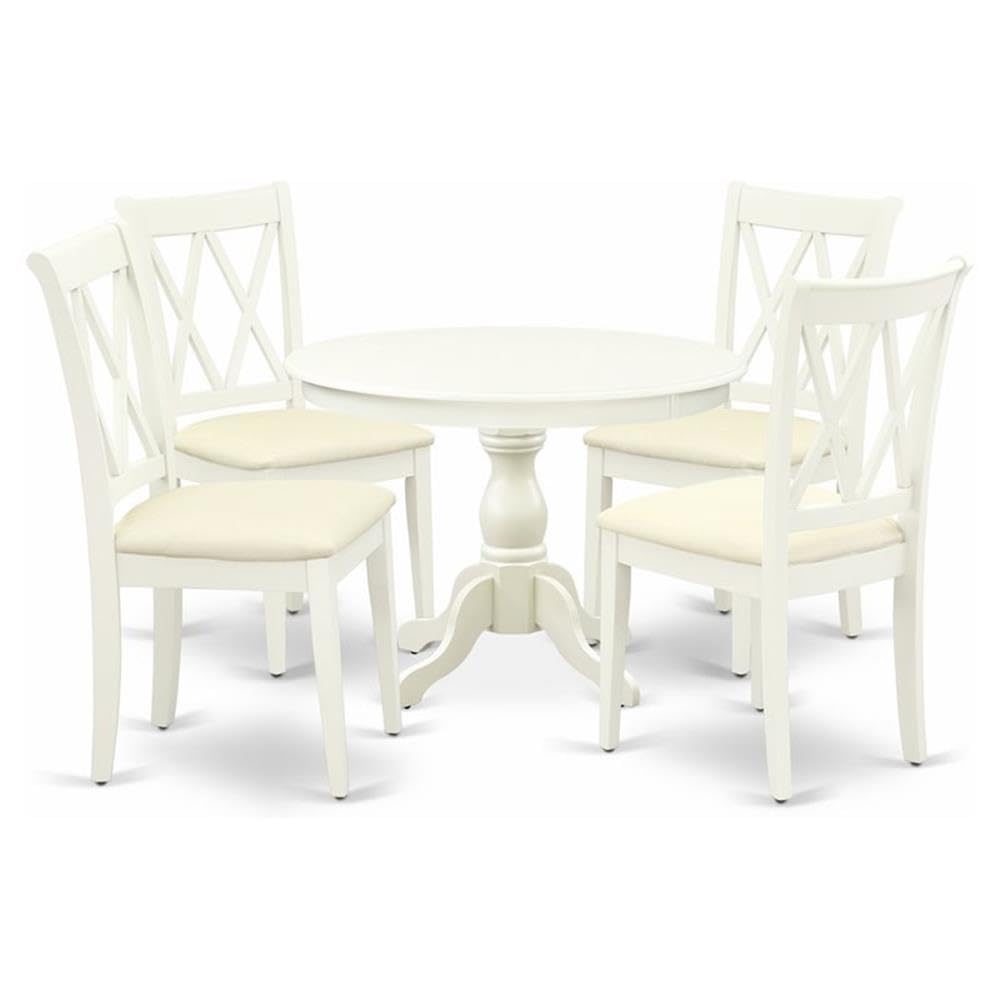 East West Furniture HBCL5-LWH-C 5 Piece Dining Table Set for 4 Includes a Round Kitchen Table with Pedestal and 4 Linen Fabric D