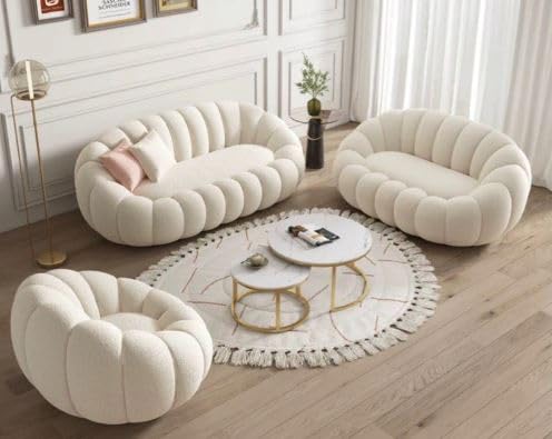 Craftcity Pumpkin Style Wooden Sofa, Contemporary Modern & Cozy Accent Chair For Living Room (Beige, 6 Seater Sofa Set)