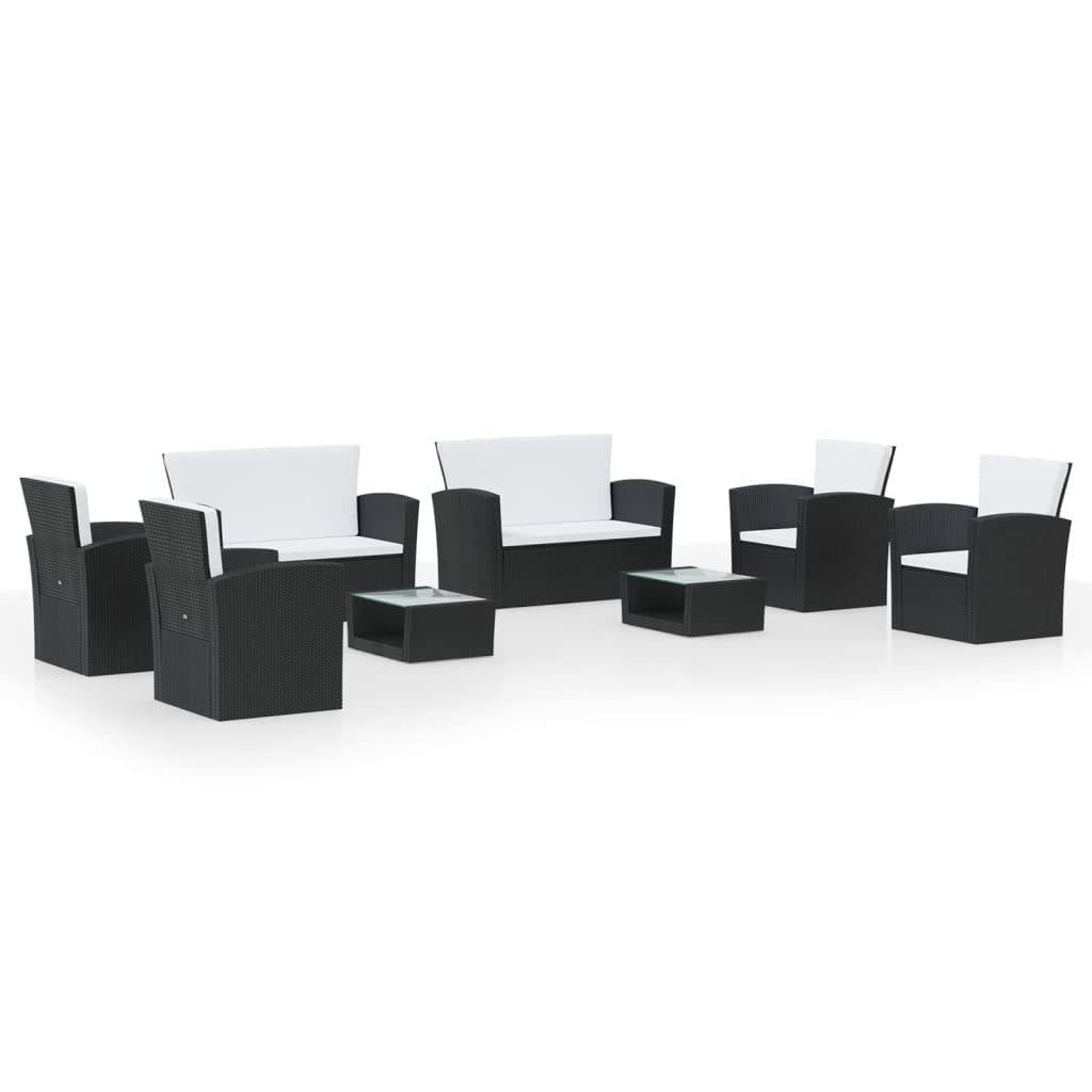 vidaXL 4 Piece Outdoor Patio Lounge Set - Powder Coated Steel Frame and Poly Rattan Construction with Water-Repellent Cushions and Glass Table Top - Black and Cream White