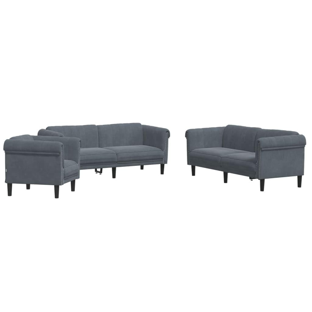 vidaXL 3 Piece Sofa Set - Dark Gray Velvet, Modern Living Room Furniture with Armchair, 2-Seater & 3-Seater Sofas