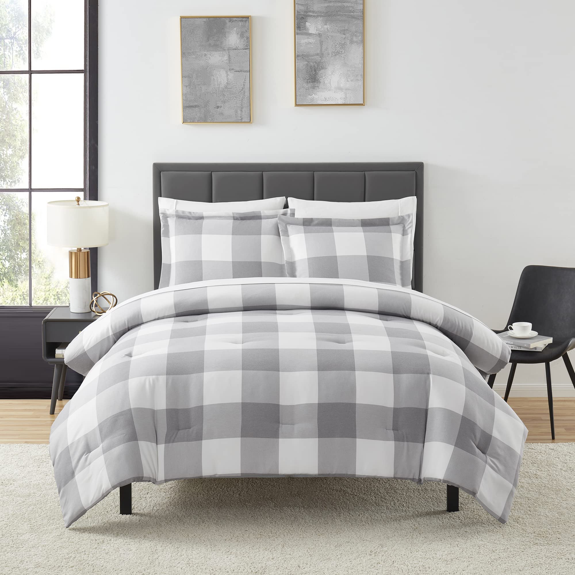 7 Piece Comforter Set Bag Solid Color All Season Soft Down Alternative Blanket & Luxurious Microfiber Bed Sheets, King, Checkere