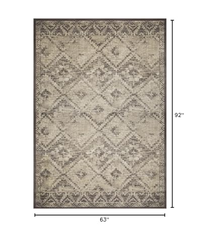 HomeRoots Grey Heat-Set Polypropelene 5’ x 8’ Gray Beige Distressed Diamond Area Rug