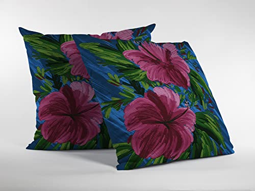 HomeRoots Hot Pink On Blue 20â€ Pink Blue Hibiscus Suede Decorative Throw Pillow