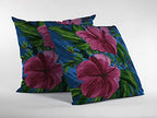 HomeRoots Hot Pink On Blue 20â€ Pink Blue Hibiscus Suede Decorative Throw Pillow