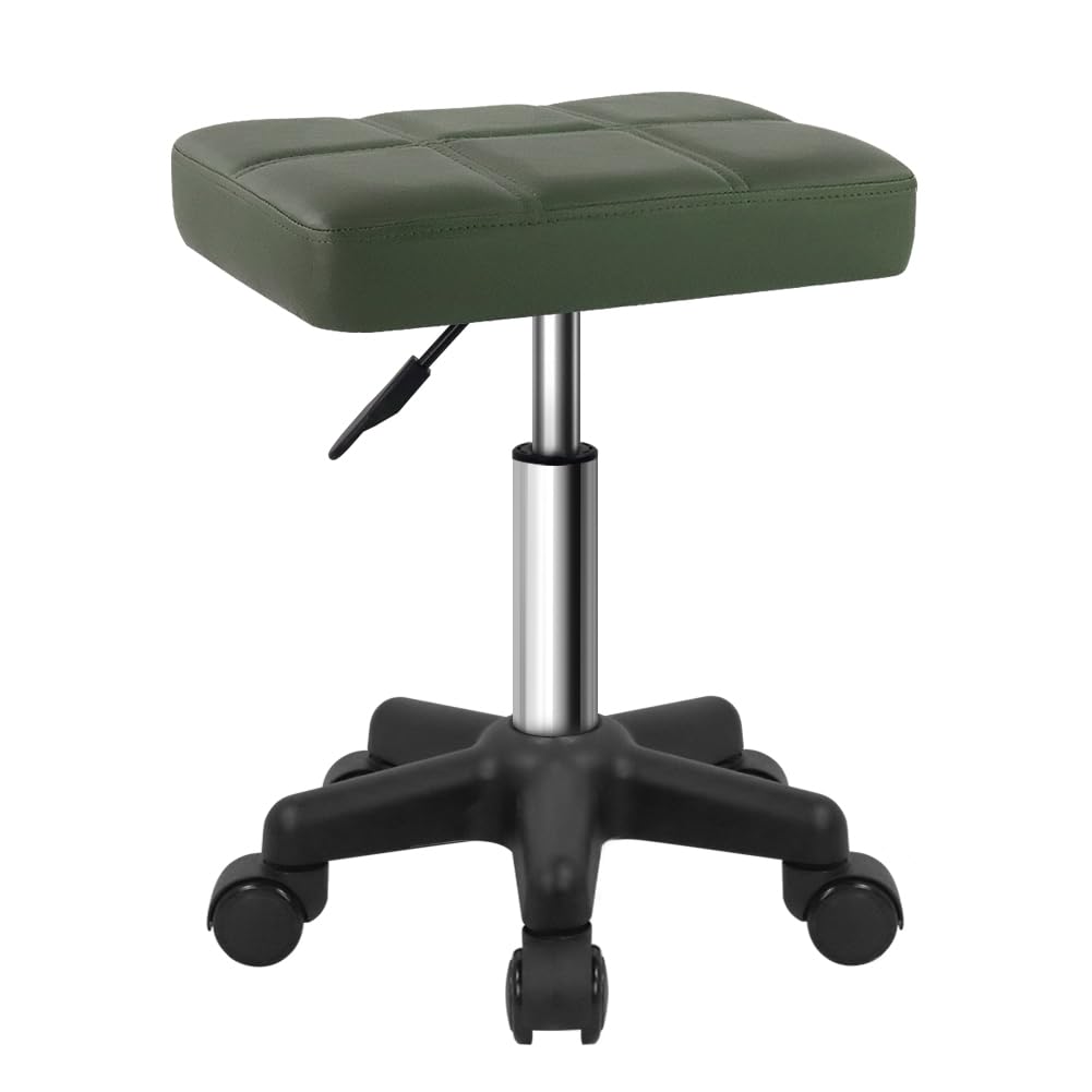 FURWOO Rectangle Rolling Stool with Wheels Height Adjustable Swivel Stool Chair for Spa Salon Massage Green