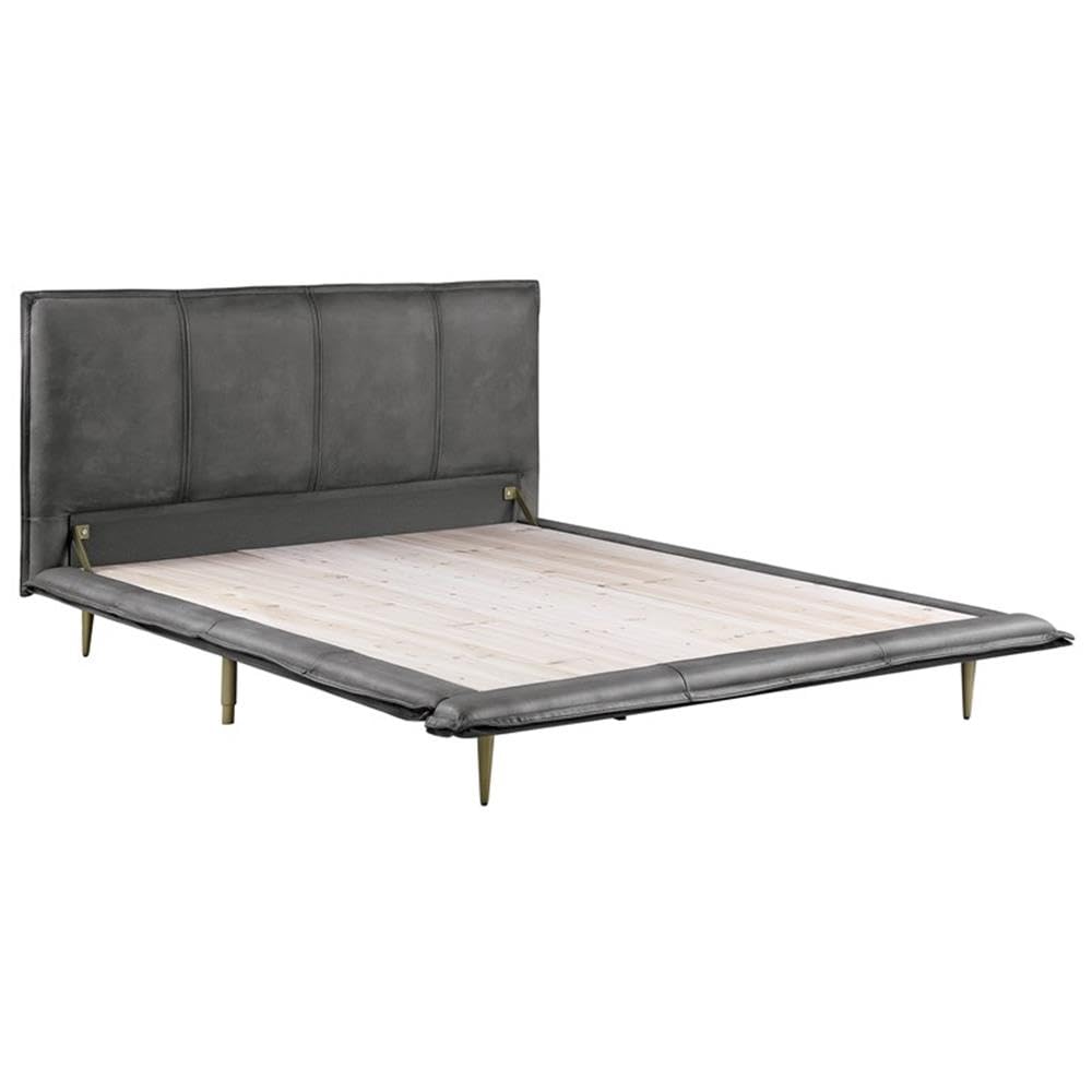 Acme Metis Top Grain Leather Upholstered Queen Bed with Metal Legs in Gray