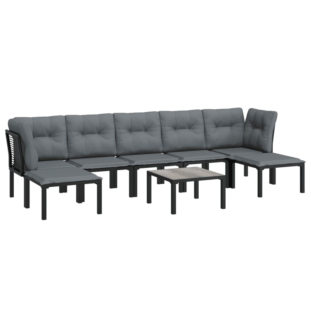 vidaXL 8 Piece Patio Lounge Set - Black and Gray - Weather-Resistant Poly Rattan with Powder-Coated Steel Frame - Includes Table and Footstool - Modern Design for Gardens and Outdoors