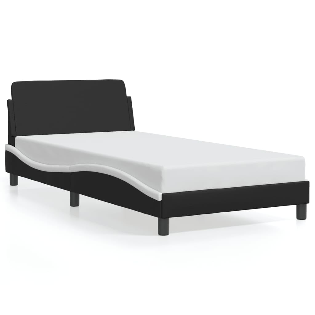 vidaXL Single Bed Frame with Headboard - Black/White, Faux Leather, Plywood Slats, 39.4"x74.8" Mattress Size, Modern Design
