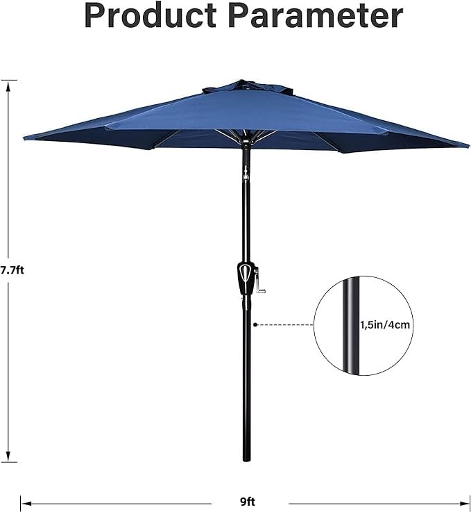 Simple Deluxe 9Ft Outdoor Patio Umbrella Table Market Umbrella With Push Button Tilt And Crank, 8 Sturdy Ribs, Uv Protection Waterproof For Garden, Lawn, Deck, Backyard, Pool, Blue