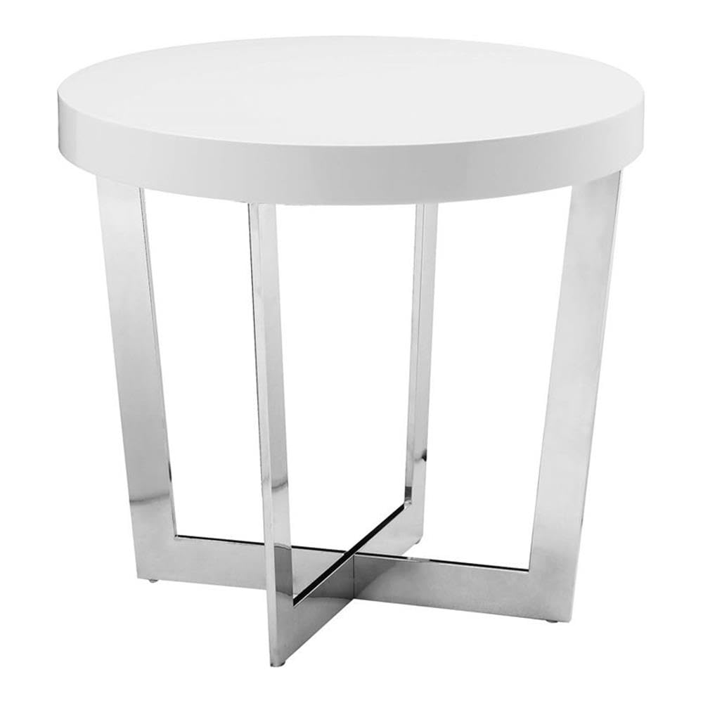 Pangea Home Oyster Gloss Lacquer & High Polished Steel Metal Side Table In White