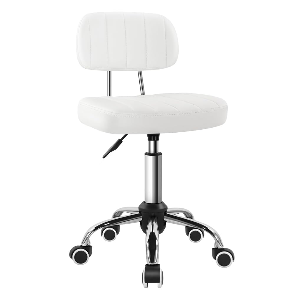 BFTOU White Square Swivel Stool with Wheel for Work SPA Shop Massage Height-Adjustable and Cost-Effective Rolling Stool Chair wi