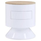 Acme Otith Round Wooden Accent Table with Drawer in White High Gloss and Natural