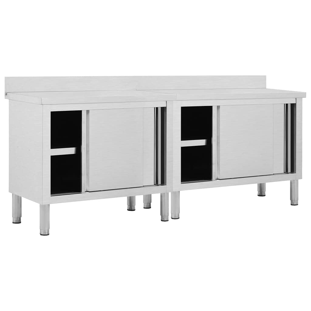 vidaXL 2pcs Stainless Steel Work Tables with Sliding Doors and Storage Space, Adjustable Height, Hygienic Design for Restaurants, Hotels, Commercial Kitchens