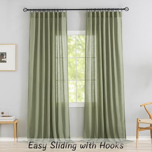 Donren Sage Green Linen Back Tab Curtains 84 Inches Long 2 Panels Set For Bedroom - Modern Farmhouse Hooks Belt Pleated Semi Privacy Drapes Shabby Chic Pocket Light Filtering Window Curtains