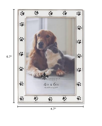 4X6 Silver Metal And White Enamel Picture Frame, Paw Print Design