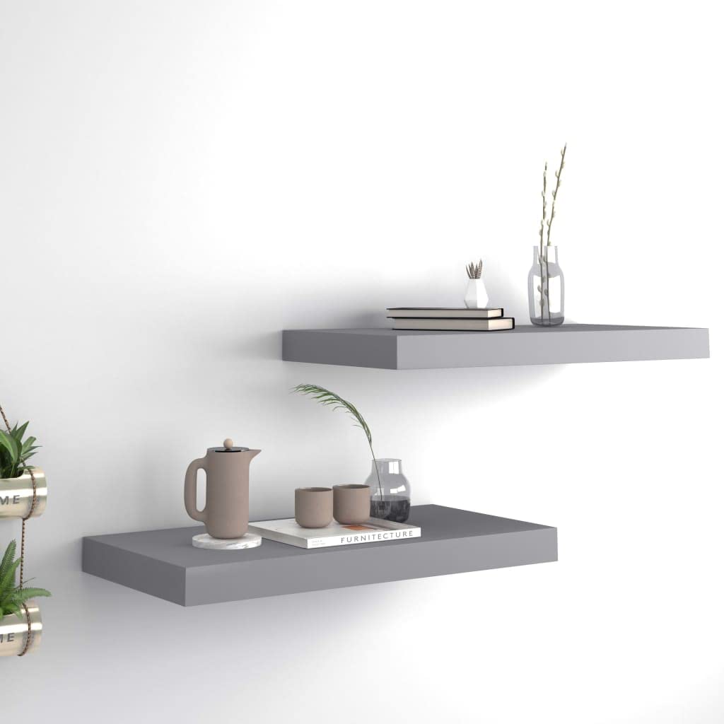 vidaXL Set of 2 Floating Wall Shelves - 19.7"x9.1"x1.5" Gray Modern Design Honeycomb MDF and Metal Frame - Invisible Mounting System - Home Decor Display and Storage Shelves