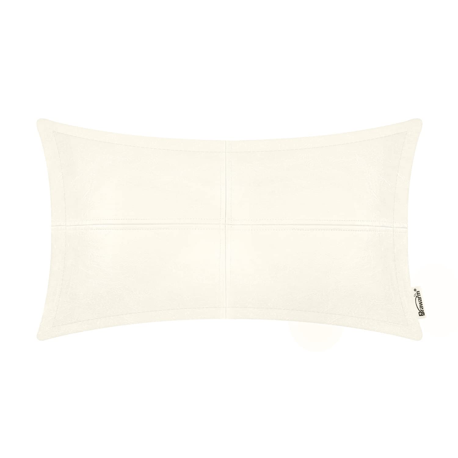 Brawarm Cream Leather Throw Pillow 12 X 20 Inches, Faux Leather Pillow Cover With Piping, Hand Stitched Leather Decorative Lumba