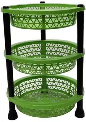 3 Layer Round Plastic Storage Rack For Vegetables And Fruits, Multipurpose Kitchen Organiser Stand, Floorstanding, Space Saving,