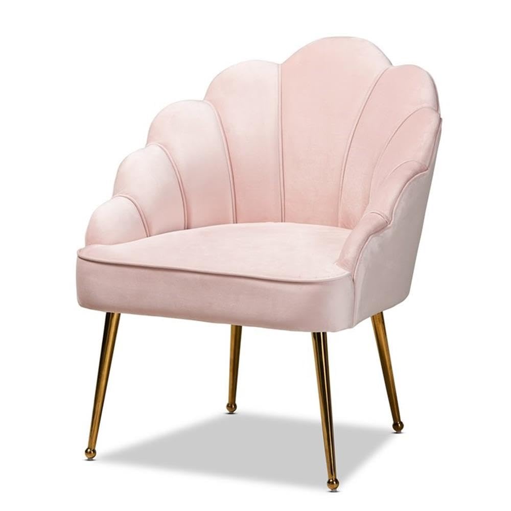 Baxton Studio Cinzia Glam And Luxe Light Pink Velvet Fabric Upholstered Gold Finished Seashell Shaped Accent Chair