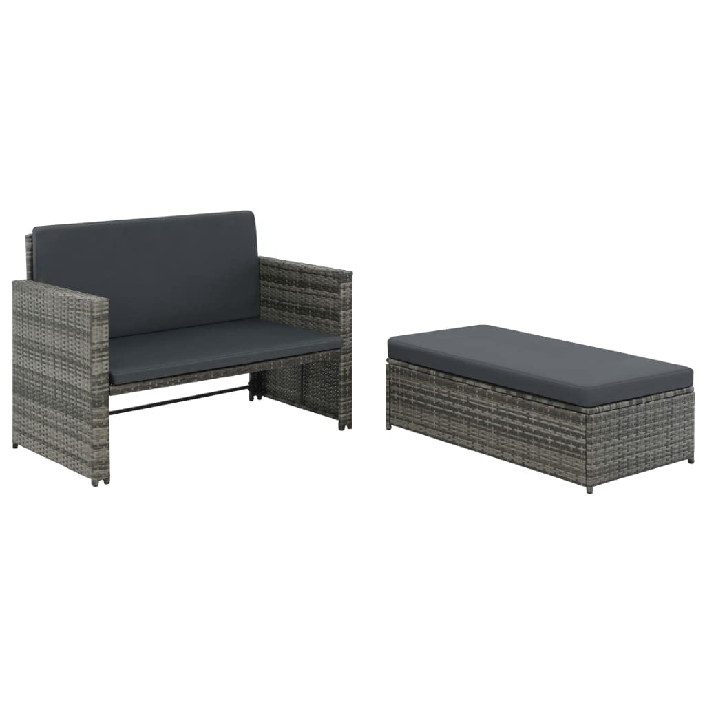 vidaXL Patio Lounge Set - 2 Piece Outdoor Furniture with Convertible Sofa Bed, Space Saving Footstool, Removable & Washable Cushion Covers, Durable Poly Rattan & Powder-Coated Steel Frame, Gray
