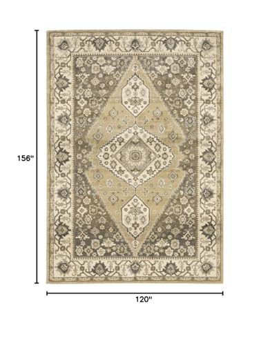 HomeRoots 508865 10 x 13 ft. Beige Gray Tan & Charcoal Oriental Power Loom Stain Resistant Rectangle Area Rug, Rectangular