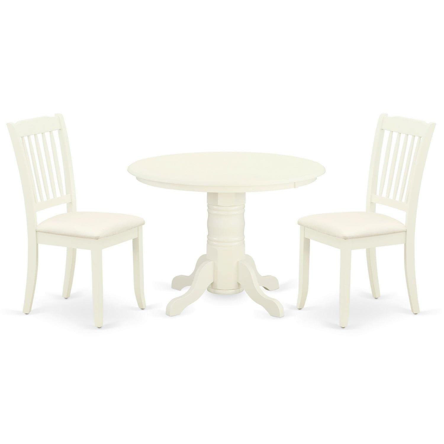 East West Furniture SHDA3-WHI-C 3 Piece Dining Room Table Set Contains a Round Kitchen Table with Pedestal and 2 Linen Fabric Up