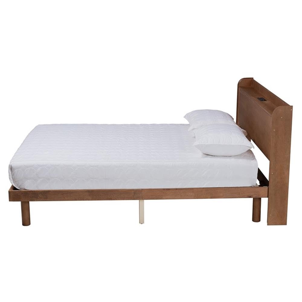 Baxton Studio Decker Mid-Century Modern Transitional Walnut Brown Finished Wood Queen Size Platform Bed with Charging Station