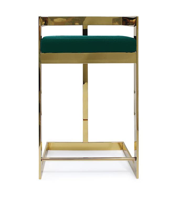 Bar Chair, 26&Quot;, Green Cushion, Gold Base